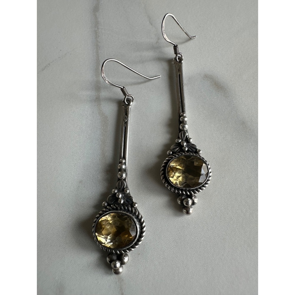 Vintage 925 Sterling Silver Citrine Drop Earrings Long Bar Boho Dangle 7.7g